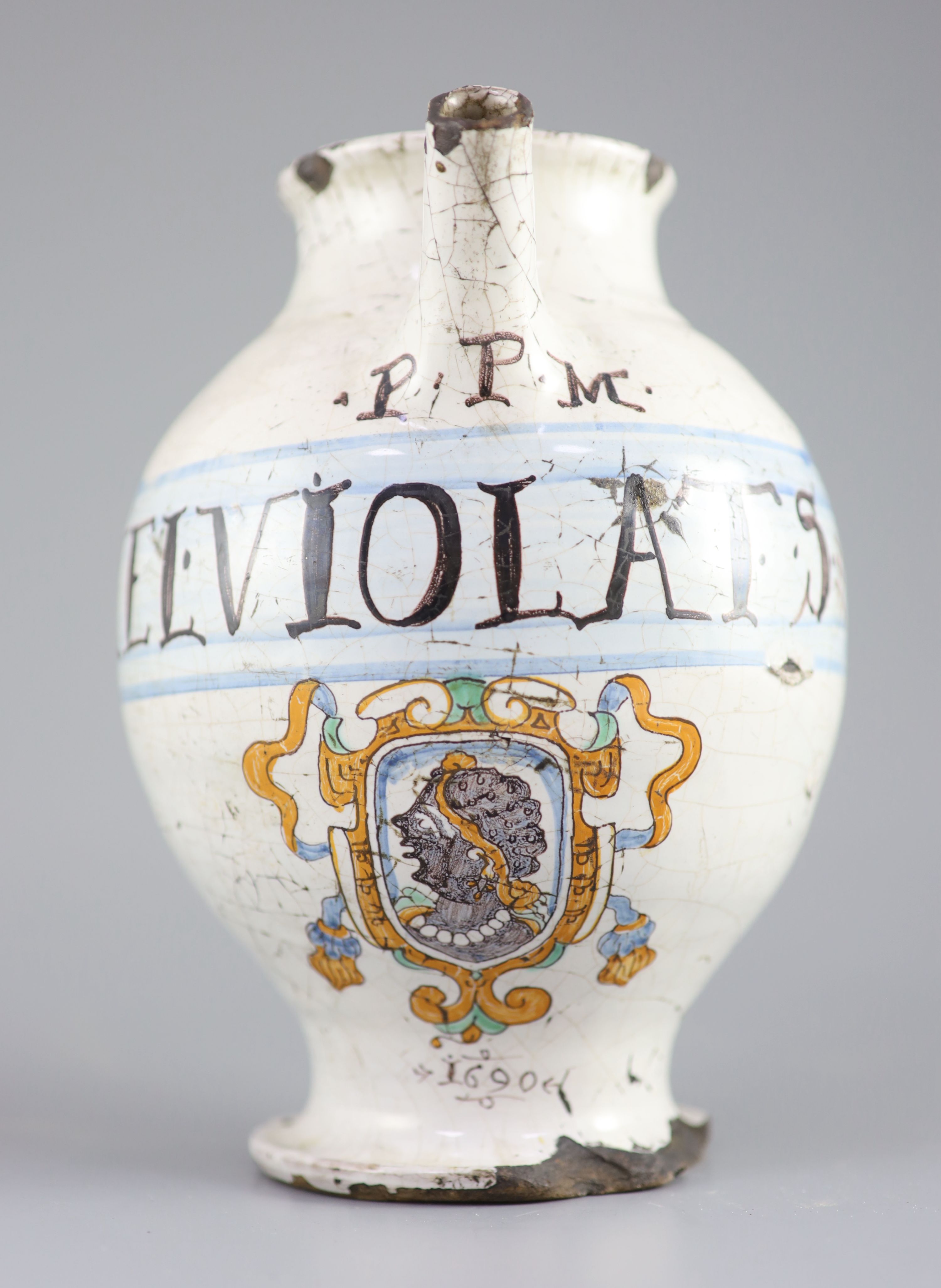 An Italian maiolica wet drug jar, Savona, late 17th century, 22.5cm high, faults